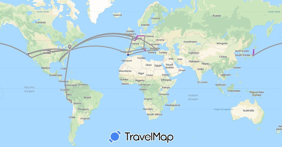 TravelMap itinerary: driving, bus, plane, train in Canada, Germany, Spain, France, United Kingdom, Italy, Japan, Netherlands, Panama, Peru, Portugal, Turkey, United States (Asia, Europe, North America, South America)
